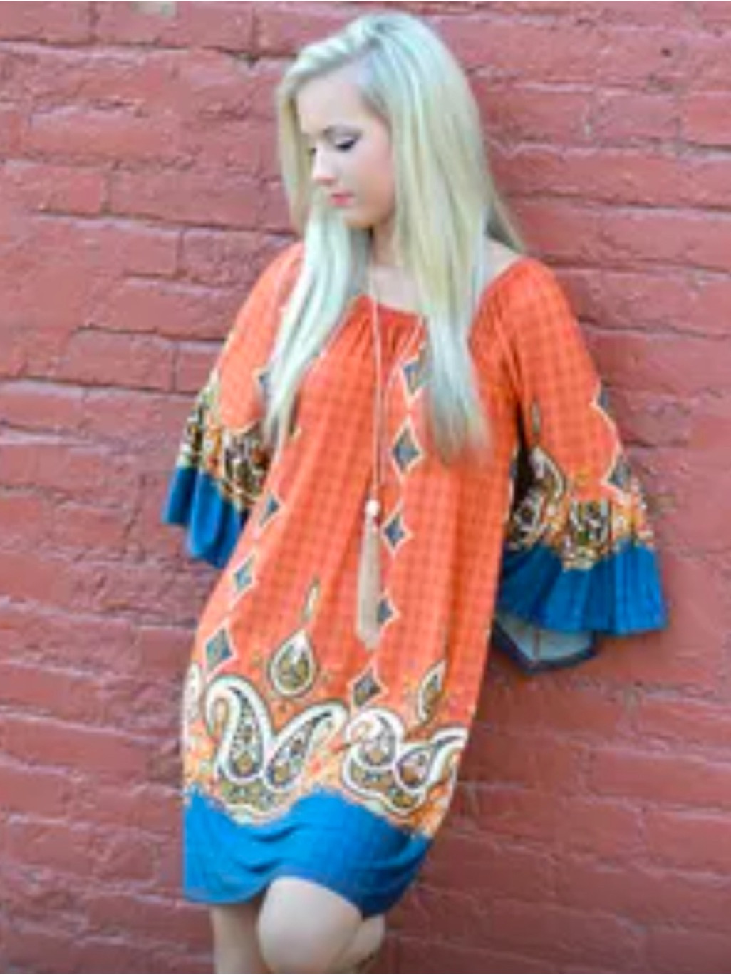 Boho Paisley Orange & Blue Peasant Dress